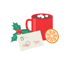 Letter to Santa Claus and festive Hot Cocoa with marshmallow. Vector cozy composition with holiday treats and decorative holly. Ideal for seasonal designs