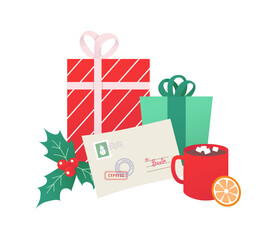 Holiday Cozy Elements Set in vector. Wrapped Gifts, Holly, Letter to Santa and more. Christmas Still Life with hot cocoa on a white background