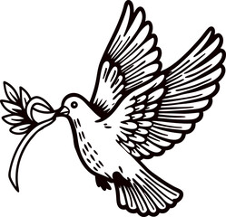 Fototapeta premium Hand drawn flying dove holding ribbon in beak vintage engraved bird illustration with outstretched wings