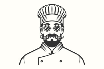 Outlined chef with a bushy mustache and round sunglasses looks serious in his uniform
