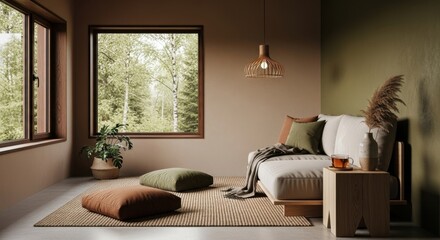 Relaxing retreat with a minimalist design and earthy color palette.