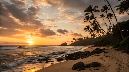 Tropical beach sunset with palm trees and dramatic clouds over the ocean