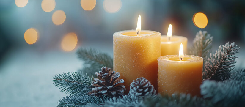 Three Christmas candles and spruce tree. Merry Christmas festive greeting card. Noel. Winter holiday celebration theme. Happy New Year. Advent.	