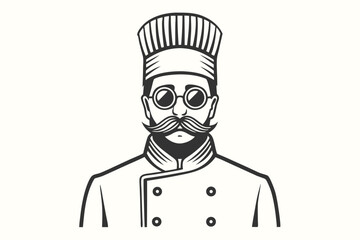 Monochrome chef with stylish mustache wears glasses and traditional uniform with elegant lines