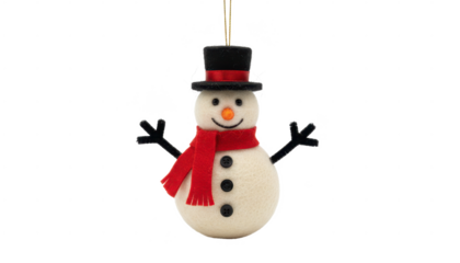 Snowman Christmas Ornament With Black Top Hat and Red Scarf on White Background