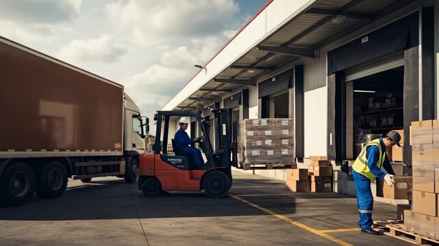 Logistics operations at a busy warehouse loading dock with trucks and forklifts handling cargo for efficient supply chain management.