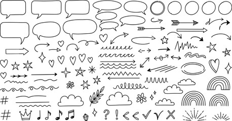 Collection of hand drawn doodle elements including speech bubbles arrows stars clouds and musical notes