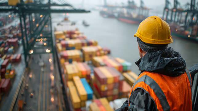 dock engineer monitoring container loading and unloading in busy harbor reflecting logistics operations and transport industry workflow