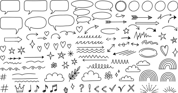 Collection of hand drawn doodle elements including speech bubbles arrows stars clouds and musical notes