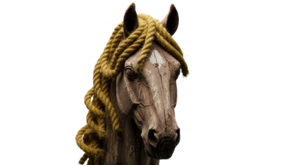 Wooden Horse Head Sculpture With Rope Mane