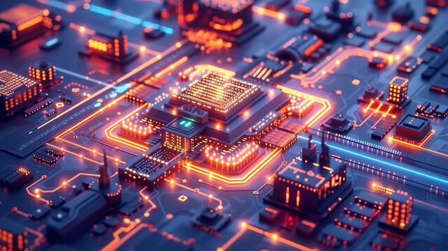 An intricate illustration of a futuristic neon circuit board with glowing red and blue lights