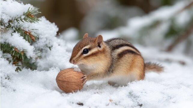 Curious chipmunk holding an acorn in soft snow with blurred winter background, adorable and detailed closeup shot capturing textures and natural colors