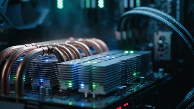 Close-up of a computer's cooling system with copper pipes and a heat sink, lit by green and blue lights, creating a cyberpunk vibe