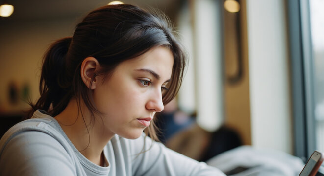 A serious young woman with her hair in a ponytail is looking down intently at a phone or device indoors near a window. - Powered by Adobe