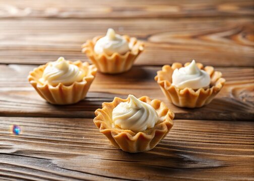 Three mini fillo shells filled with cream cheese on a wooden table