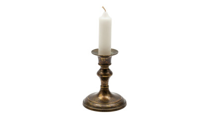 Elegant Bronze Candlestick With White Candle on White Background