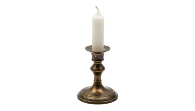 Elegant Bronze Candlestick With White Candle on White Background