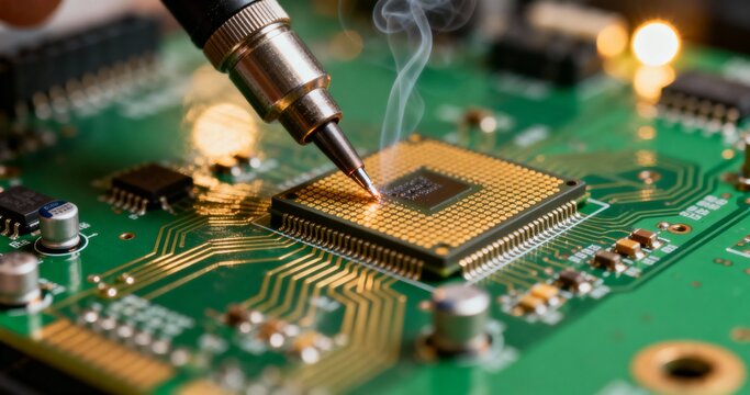 Electronics technician soldering microchip on PCB board in high detail macro shot
