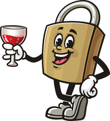 Cartoon mascot of a padlock holding a glass of drink