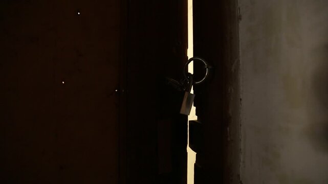 Padlock and keys hang on a dark wooden door slightly ajar, revealing a bright crack of light. Mysterious, hidden access, or secret reveal concept.