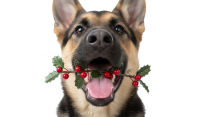 Festive German Shepherd Holding Holly Branch in Mouth on White Background, Holiday Concept