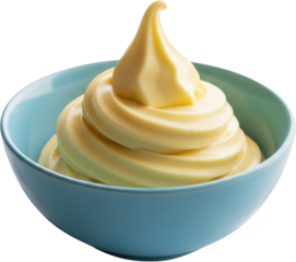 A Swirl Of Creamy Yellow Soft Serve Ice Cream Is Presented In A Light Blue Bowl Against A Stark Transparent Background Frozen Yogurt Dessert Sweet Treat Dairy Cold Summer Refreshing