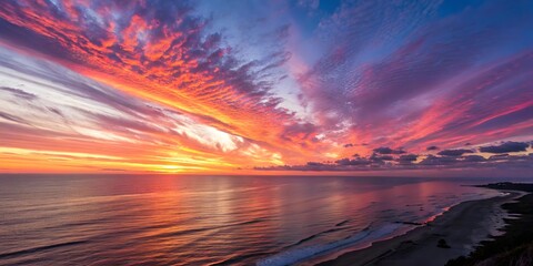 Dramatic sunset over the ocean with vibrant clouds and calm water