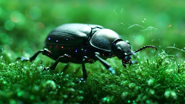 A macro shot of a shiny beetle on vibrant green moss. The beetle has small glowing accents on its body