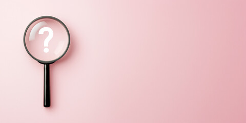 Magnifying glass with question mark on pink background. Search and insight icon.