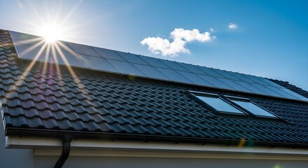 Bright sunlight shines on solar panels on a modern home's roof, energy efficiency and sustainability for future homes