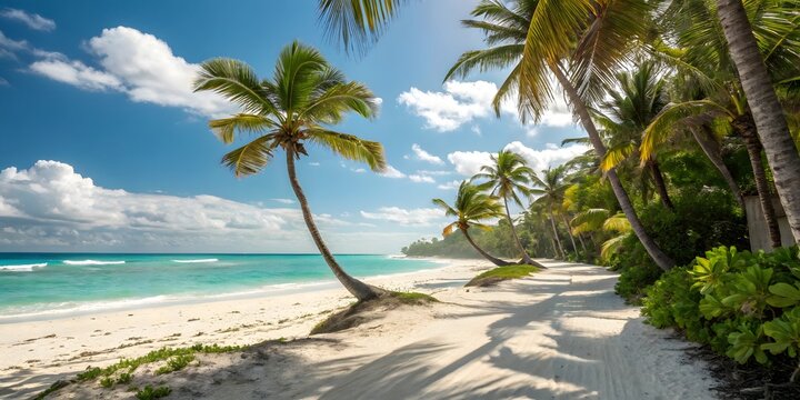 Idyllic tropical beach with palm trees and turquoise ocean waves