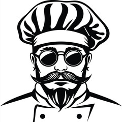 Stylish chef character with round glasses and big mustache wearing a classic hat