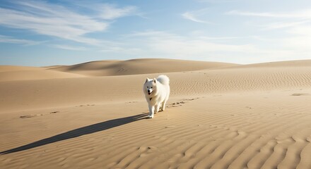 Fluffy white dog exploring a vast desert landscape under a clear blue sky