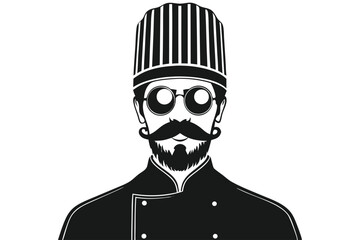 Stylish black and white chef with round glasses and a distinguished mustache looks forward