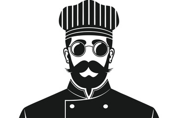 Monochrome chef with a mustache wears round glasses and his professional toque