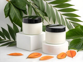 Natural skincare products with botanical elements and decorative accents