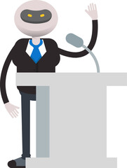 Robot Employee in Suit Character Speaking on Podium
