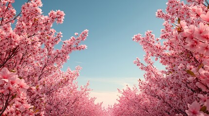 Enchanting canopy of pink cherry blossoms against a serene blue sky, creating a tranquil and picturesque spring landscape with delicate floral details and peaceful ambiance