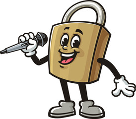 Cartoon mascot of a padlock holding a microphone and singing