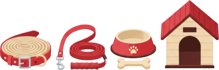 Red dog collar rolled red leash pet food bowl with paw print bone and red roof dog house isolated on transparent background dog leash pet bowl pet supplies animal accessories