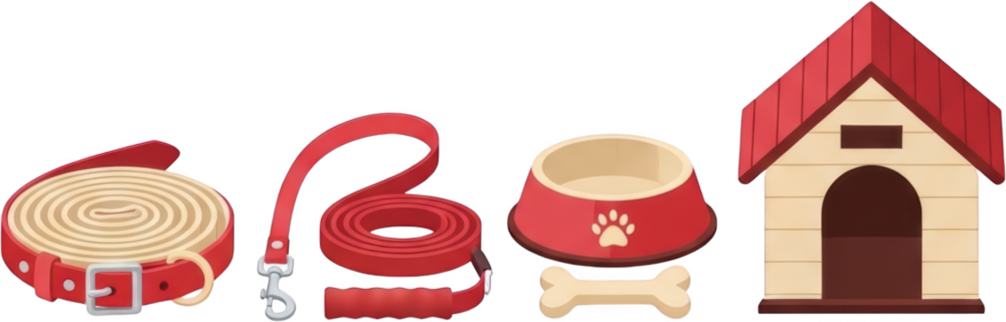 Red dog collar rolled red leash pet food bowl with paw print bone and red roof dog house isolated on transparent background dog leash pet bowl pet supplies animal accessories