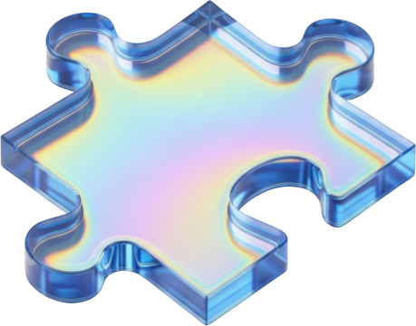 Transparent holographic iridescent glass puzzle piece with blue borders and soft pastel color gradient reflection Abstract Creative Solution Concept Connection Completion