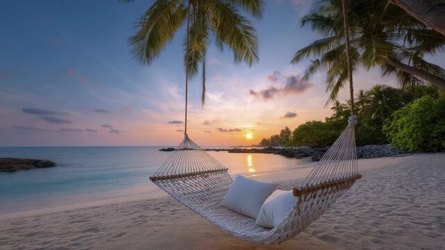 A white rope hammock with pillows hangs between palm trees on a sandy beach overlooking a calm ocean at sunset