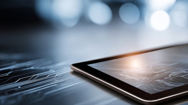 Closeup of a sleek digital tablet displaying intricate circuit patterns with soft glowing light in a modern workspace, emphasizing technology, innovation, and digital connectivity