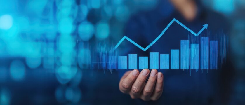 A person holds a digital representation of a rising graph, symbolizing growth, success, or financial data analysis against a blue background.