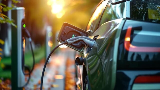 Modern electric vehicle charging at a public station in autumn, reflecting urban lights with a sustainable energy concept and eco-friendly transportation theme