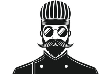 Sophisticated chef portrait features a detailed mustache, round sunglasses, and tall chef's hat
