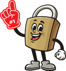 Cartoon padlock mascot holding a giant foam finger