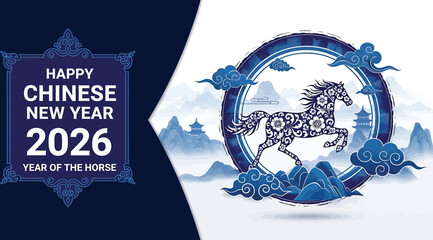 Happy chinese new year 2026, year of the horse, traditional blue and white illustration with a horse silhouette and chinese architectural elements, celebrating the upcoming lunar new year