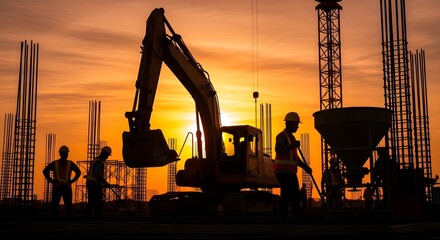 Dynamic construction site at sunset with silhouette of workers and heavy equipment promising growth and development